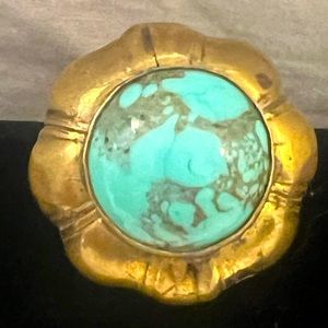 Chanel single earring large turquoise Gripoix glass cabochon gold tone bezel.